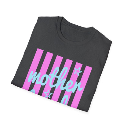 Motherhood Graphic T-Shirt — Pink Stripes & Blue Script