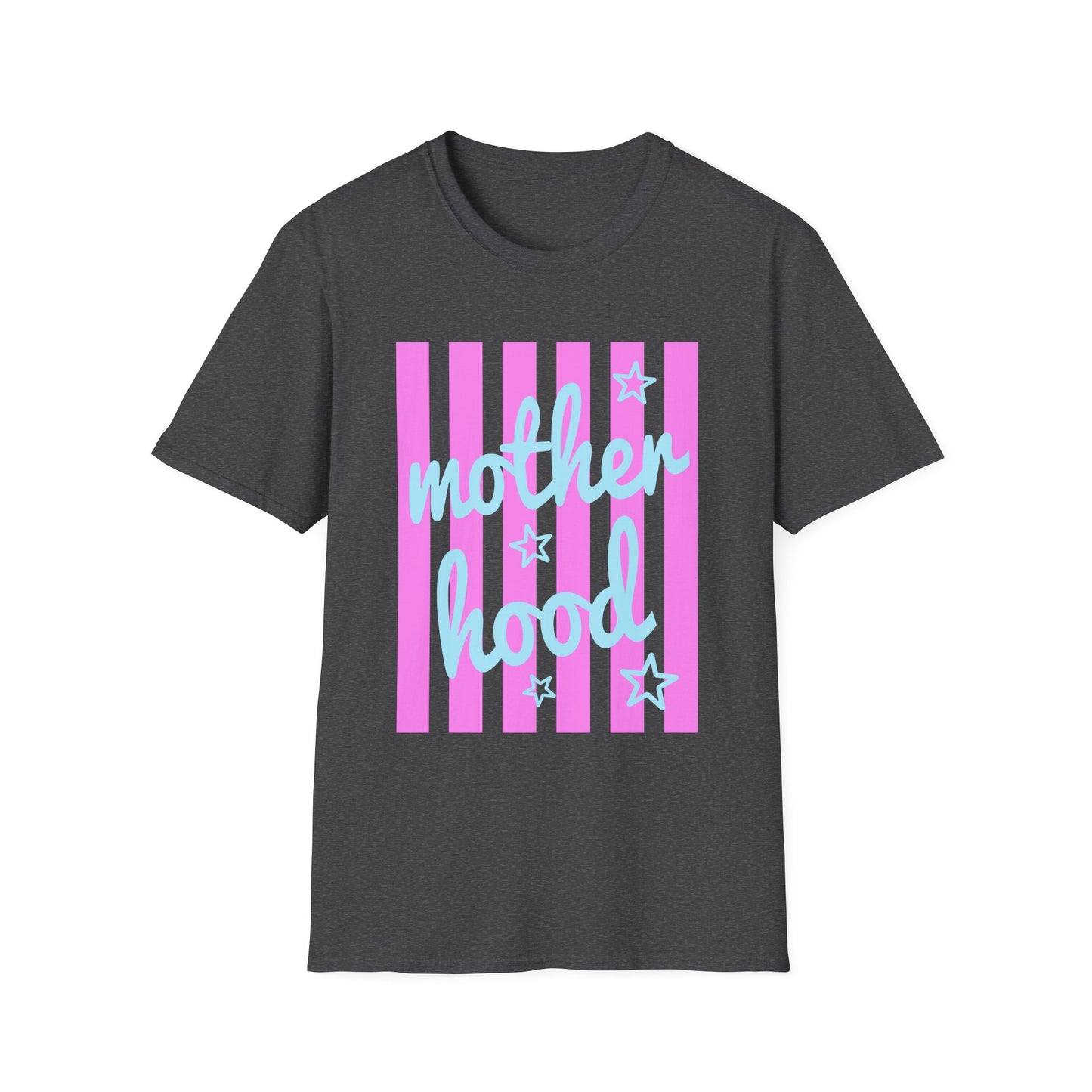 Motherhood Graphic T-Shirt — Pink Stripes & Blue Script
