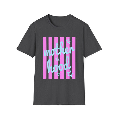 Motherhood Graphic T-Shirt — Pink Stripes & Blue Script