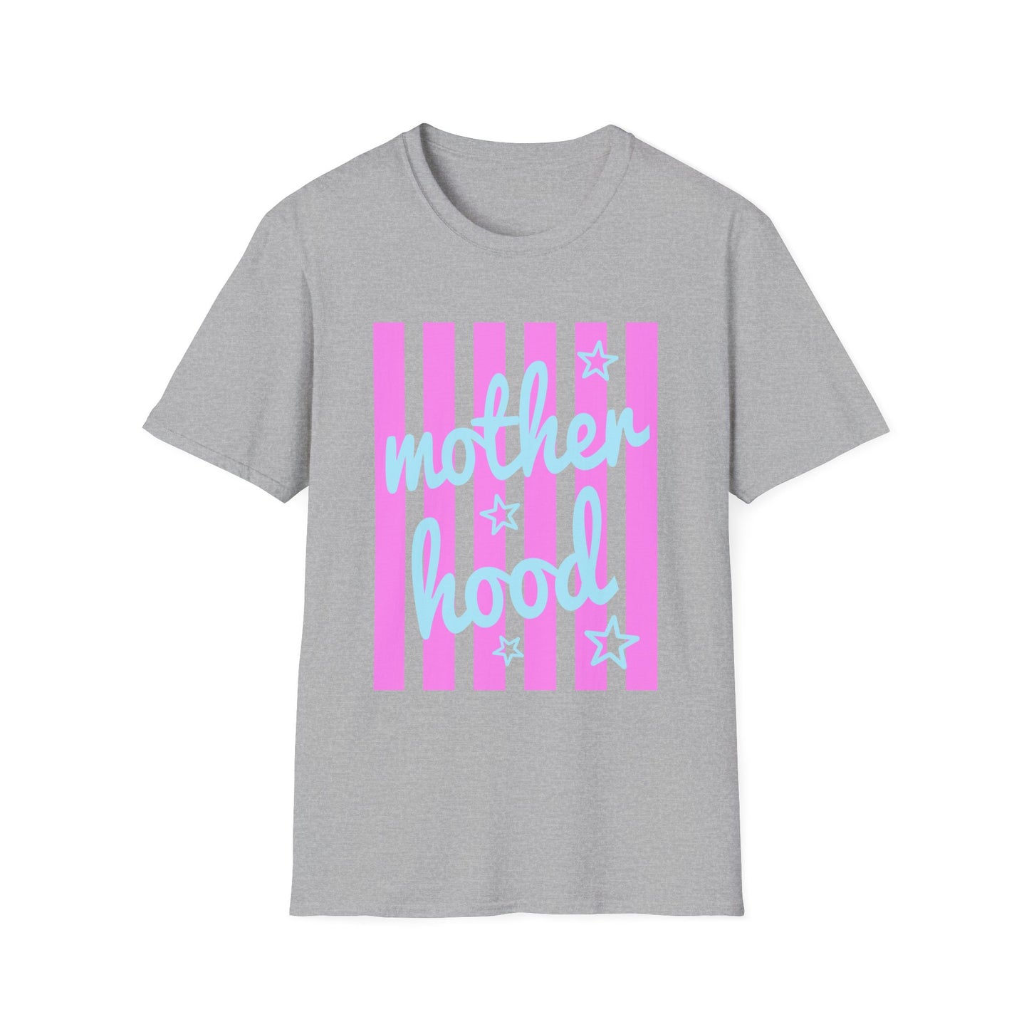 Motherhood Graphic T-Shirt — Pink Stripes & Blue Script