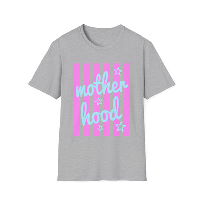 Motherhood Graphic T-Shirt — Pink Stripes & Blue Script