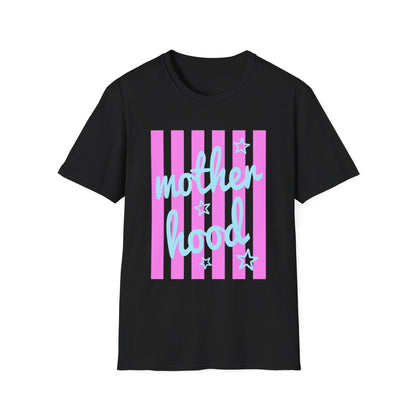 Motherhood Graphic T-Shirt — Pink Stripes & Blue Script