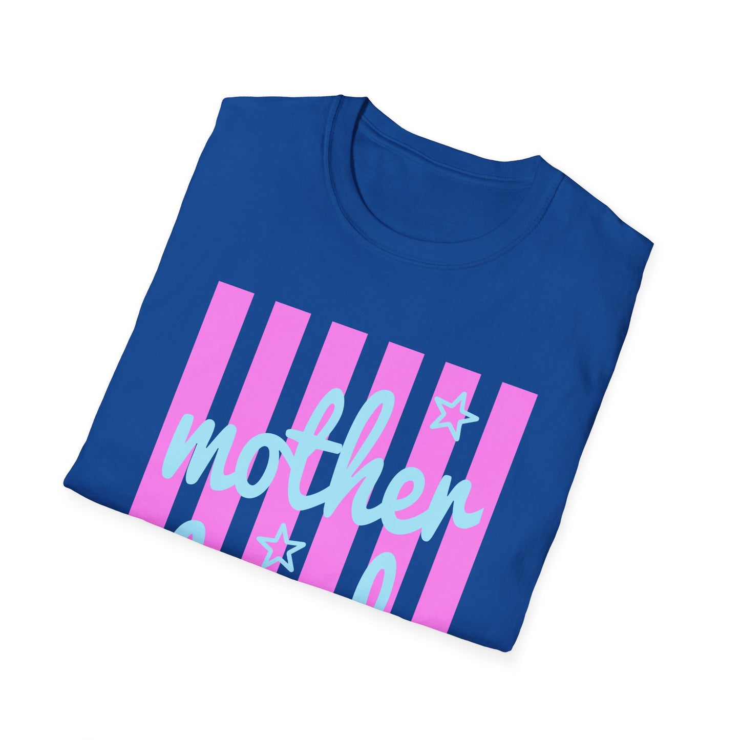 Motherhood Graphic T-Shirt — Pink Stripes & Blue Script