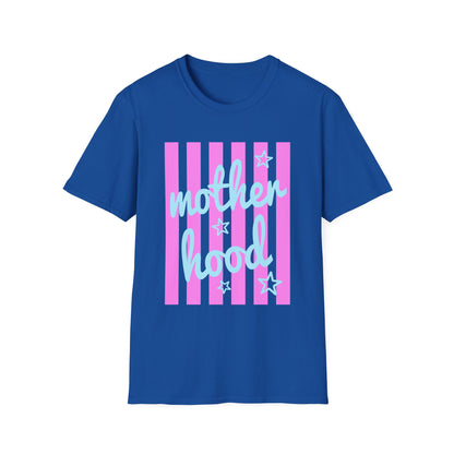 Motherhood Graphic T-Shirt — Pink Stripes & Blue Script