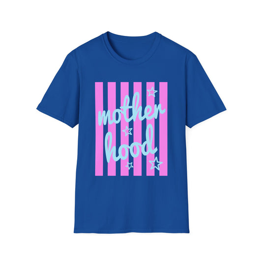 Motherhood Graphic T-Shirt — Pink Stripes & Blue Script