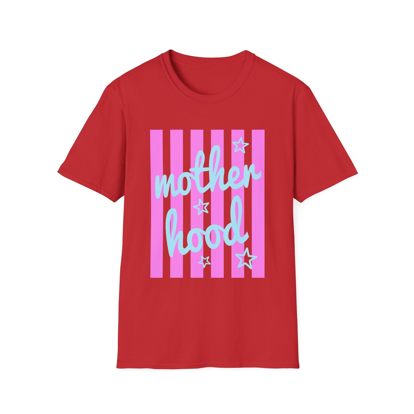 Motherhood Graphic T-Shirt — Pink Stripes & Blue Script