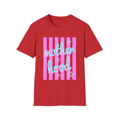 Motherhood Graphic T-Shirt — Pink Stripes & Blue Script