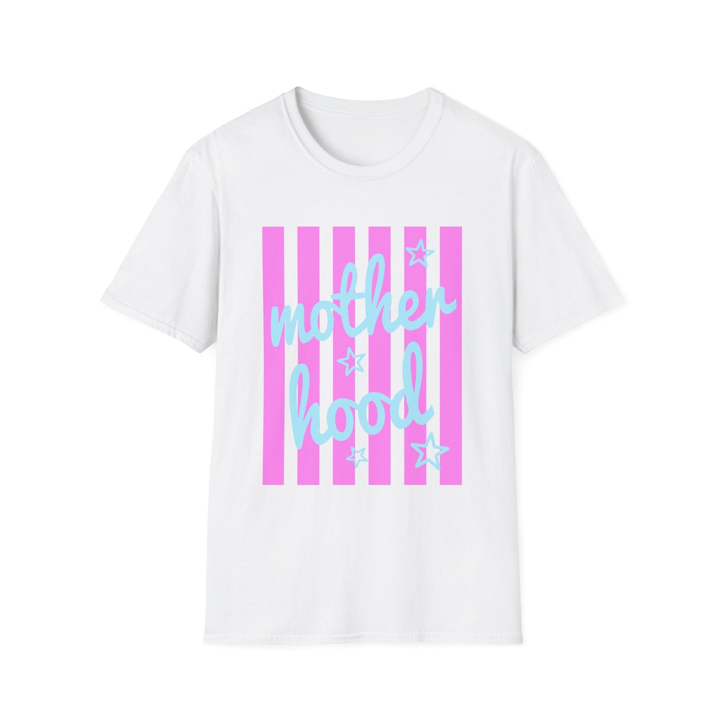 Motherhood Graphic T-Shirt — Pink Stripes & Blue Script
