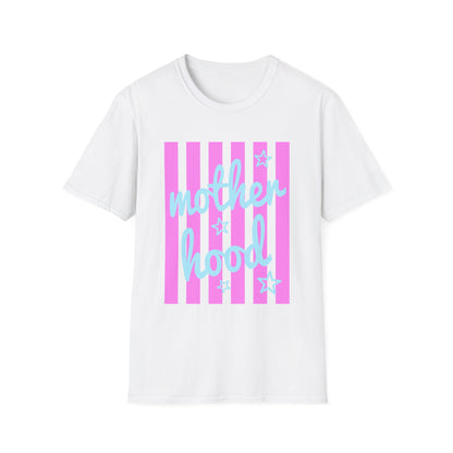 Motherhood Graphic T-Shirt — Pink Stripes & Blue Script