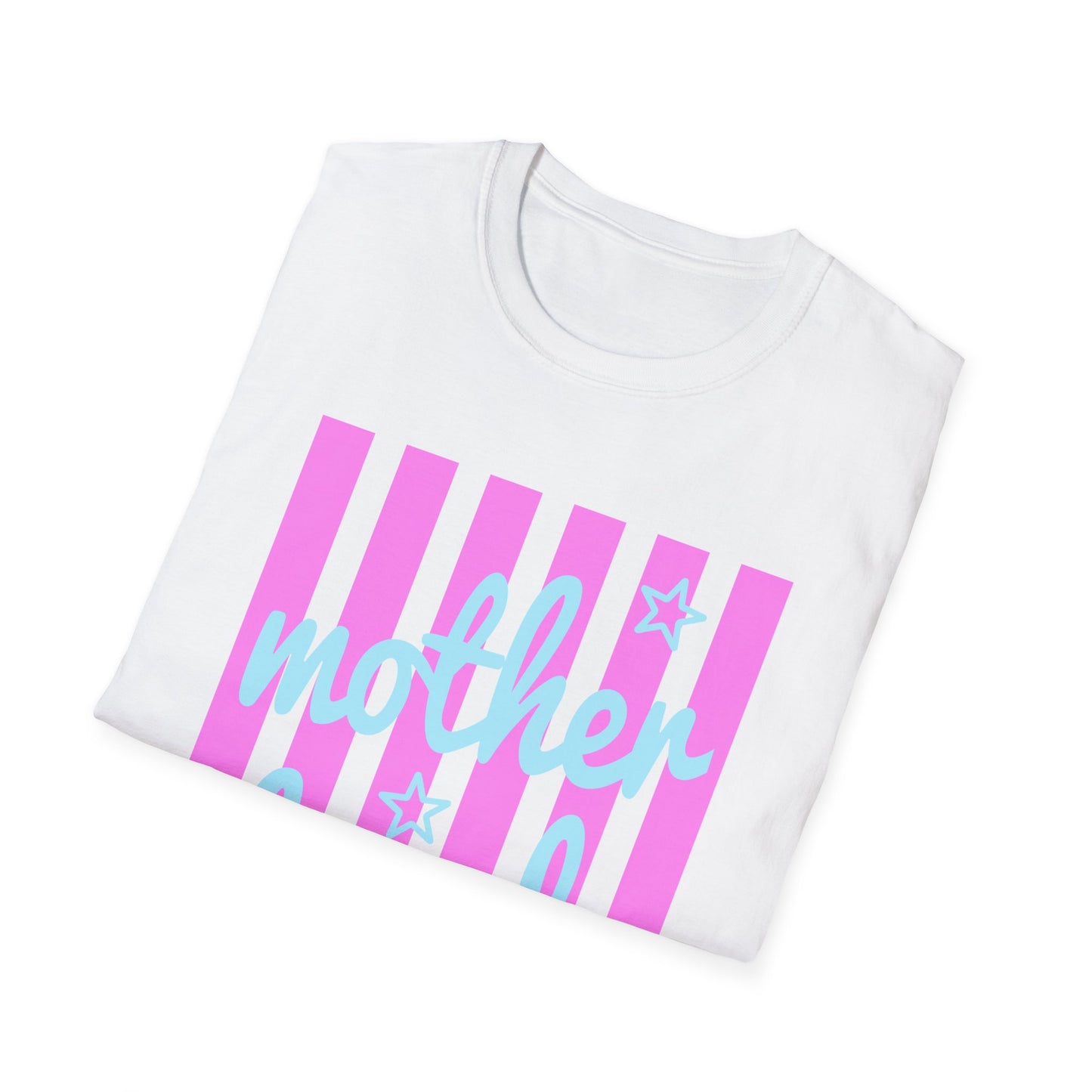 Motherhood Graphic T-Shirt — Pink Stripes & Blue Script