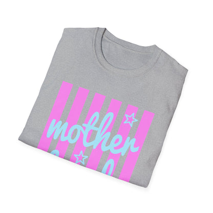 Motherhood Graphic T-Shirt — Pink Stripes & Blue Script